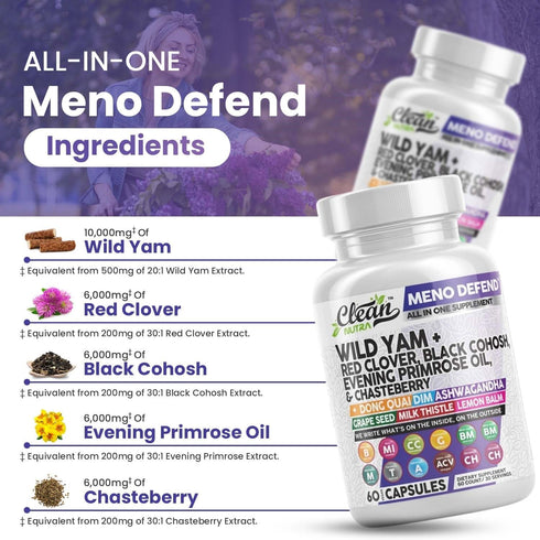 Clean Nutra Wild Yam Root Capsules with Red Clover, Black Cohosh, Evening Primrose Oil & Hormone Balance for Women