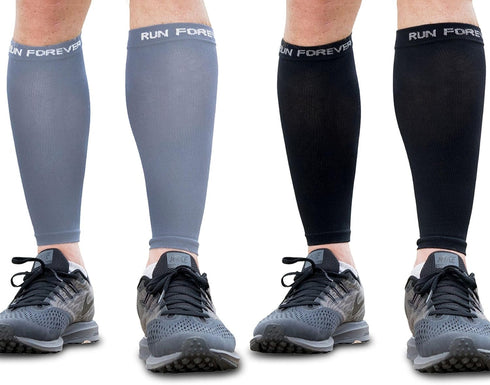 Run Forever Calf Compression Sleeves for Men and Women, Footless Socks for Runners and Pain Relief - 2-pack Black/Grey