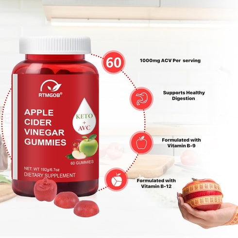 RTMGOB Gummy, B12, 1000 Supplement-60 Gummies Apple Cider Vinegar Vitamin mg, Apple Flavor, Vegan, Non-GMO, Gluten Free