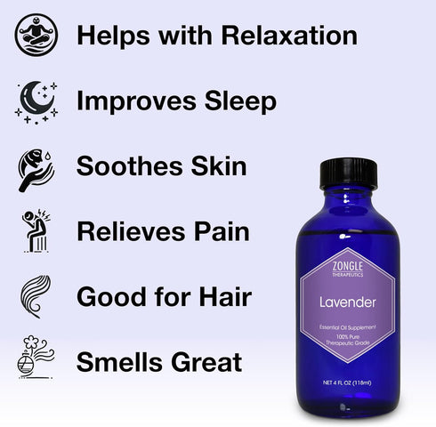Lavender Essential Oil 4 OZ, Food Grade, 100% Pure Lavender Oil for Drinks, Skin, Hair by Zongle Therapeutics