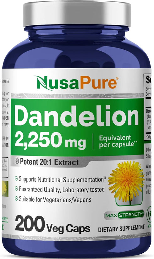 NusaPure Dandelion Root 20:1 Extract, 112.5mg Equivalent to 2,250mg, 200 Veggie Capsules, Non-GMO