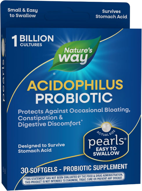 Nature's Way Acidophilus Probiotic Pearls, 1 Billion Cultures, 30 Softgels, Supports Digestive Balance & Gut Health