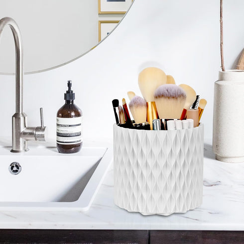 WAFJAMF Makeup Brush Holder, 360 Rotating Storage Cup for Vanity, Bathroom Countertop, 5 Slot Container - Pearl White