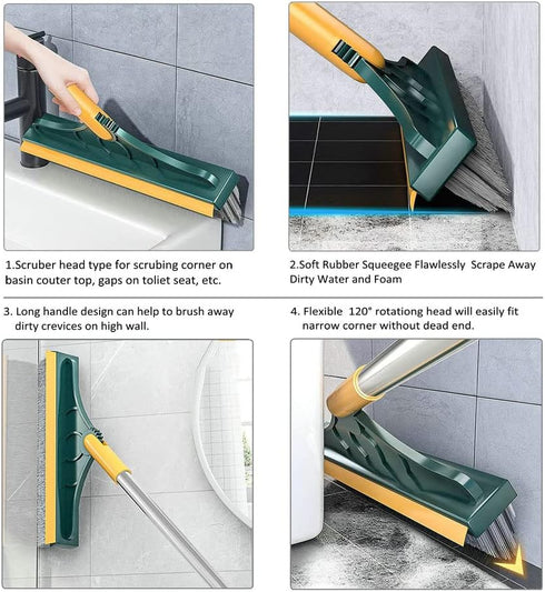 2 in 1 Floor Brush Scrubber with Long Handle, 2023 Upgrade Stiff Bristle Cleaning Brush with Squeegee for Bathroom &