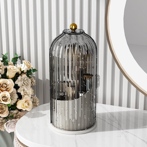 Makeup Brush Holder Organizer with Lid, 360° Rotating Dustproof Cosmetics Organizer for Vanity (Grey White)