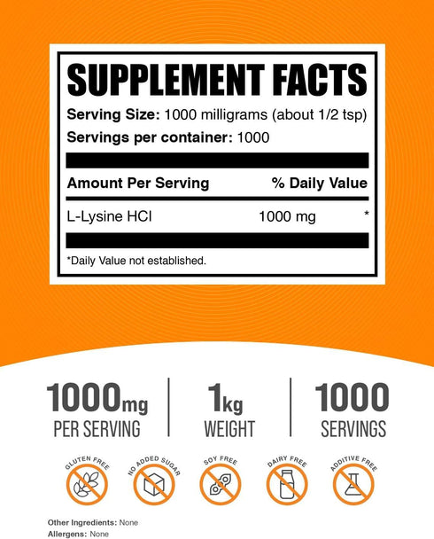 BulkSupplements.com L-Lysine Powder - L-Lysine HCl Supplement, 1000mg per Serving, 1kg (2.2 lbs)