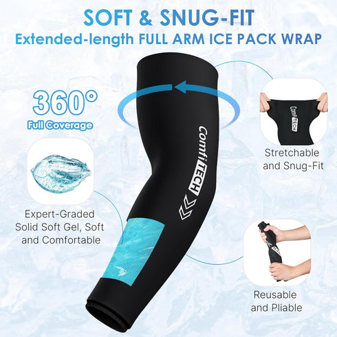 Pack Elbow, Pack ComfiTECH Full Arm Ice Wrap for Pitchers, Extended-Length Flexible Sleeve for Tennis Forearm, Wrist