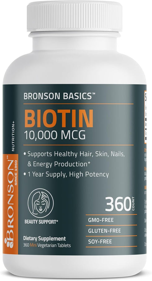 Bronson Biotin 10,000 MCG for Healthy Hair, Skin & Nails, High Potency Beauty Support - 360 Vegetarian Tablets