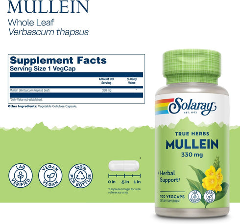 SOLARAY Mullein Leaf, Herbal Support for Healthy Respiratory Function, 330mg, Vegan, 100 Servings