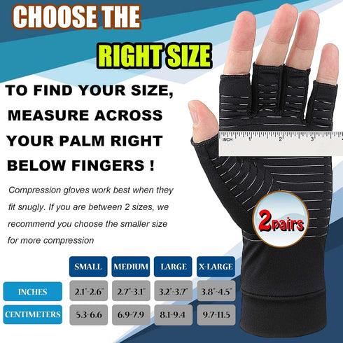 2 Pairs Copper Arthritis Gloves, Fingerless Compression Gloves for Pain Relief and Healing (Black, Medium)
