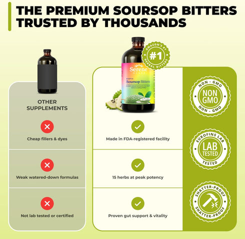 Immune 16 oz Serene Herbs - Soursop Bitters Liquid - Organic Herbal Guanabana Detox with Black Seed, Moringa & Ginger