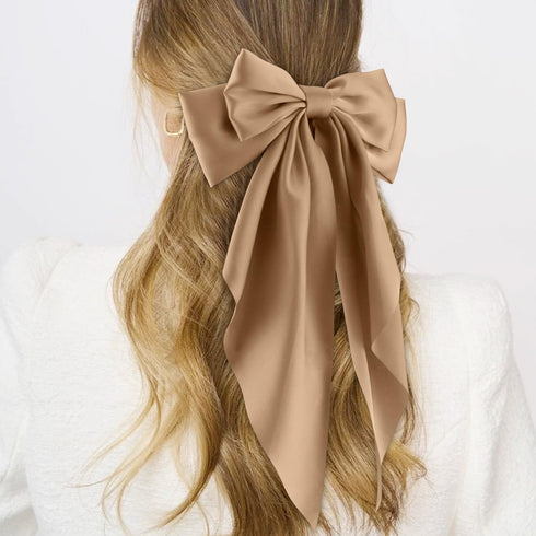 Silky Satin Hair Bows for Women, 2Pcs Oversized Black Hair Ribbons with Long Tail Clips, Aesthetic Accessories