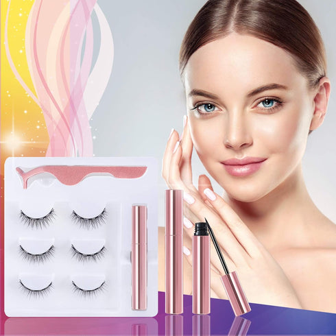 Natural Magnetic Eyelashes with Eyeliner, 3 Pairs 3D Short False Lashes Kit - No Glue Needed
