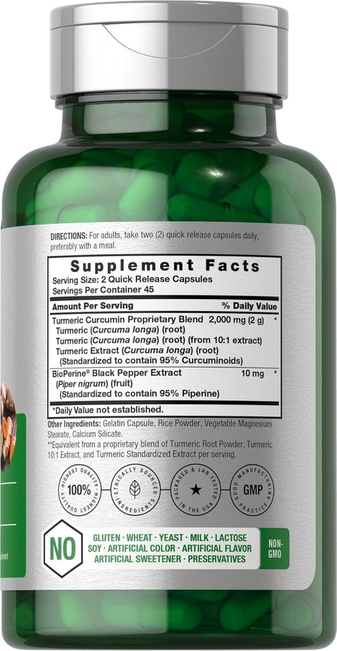 Horbaeach Turmeric Curcumin with Black Pepper 2000mg | 90 Capsules | Complex Supplement with Bioperine | Non-GMO, Gluten Free
