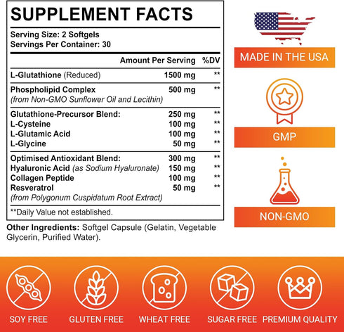 2550mg Liposomal Glutathione Softgel, High Absorption - Glutathione Supplement, Made in USA, Master Antioxidant for Aging Defense, Immune System, Gluten Free & Non-GMO, 60 Softgels
