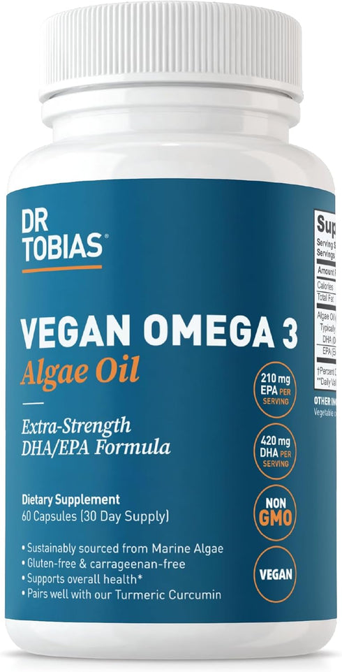 Dr. Tobias Vegan Omega 3 Algae Oil - 60 Capsules, 1400mg Vegan Omega 3 Supplement with Extra-Strength DHA & EPA