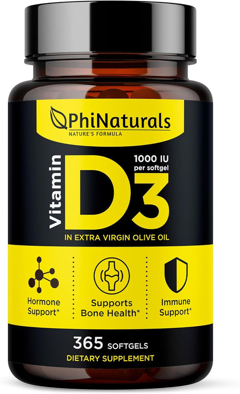 Vitamin D3 1000 IU Softgels, 365 Count, High Potency Vit D 3 Pills for Immune Support & Mood