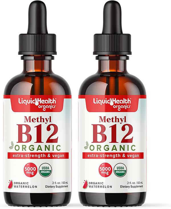 LIQUIDHEALTH Organic Methyl Vitamin B12 Liquid Drops with Tart Cherry Juice, Vegan, Sugar Free, Non-GMO (2 Pack)