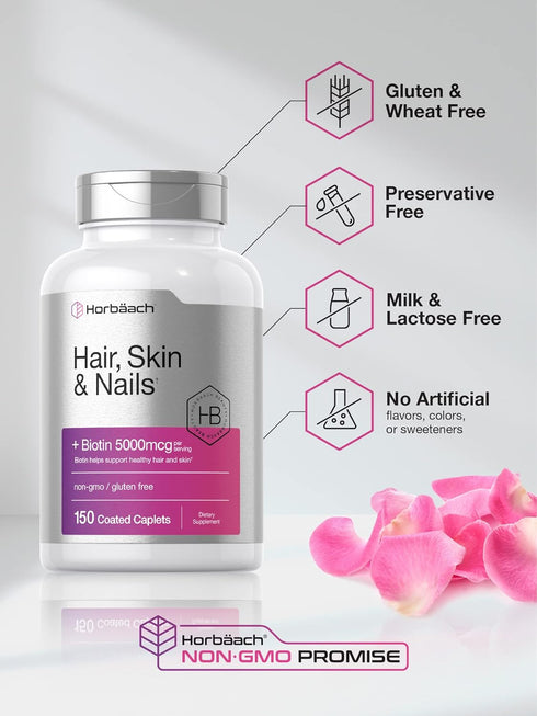 Horbaeach Hair Skin and Nails Vitamins | 150 Caplets with Biotin and Collagen | Non-GMO, Gluten Free Supplement