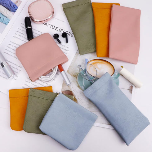 8 Pcs Small Waterproof Makeup Bag for Purse, Portable Pocket Cosmetic Bag with 7" Squeeze Top Glasses Case, No Zipper