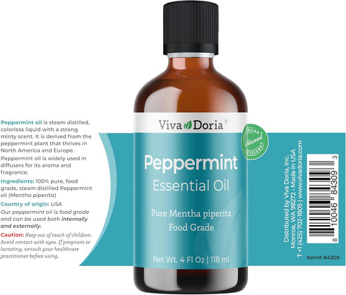 Viva Doria Peppermint Essential Oil, 100% Pure, Natural, for Aromatherapy | Food Grade, 118 mL (4 Fluid Ounce)