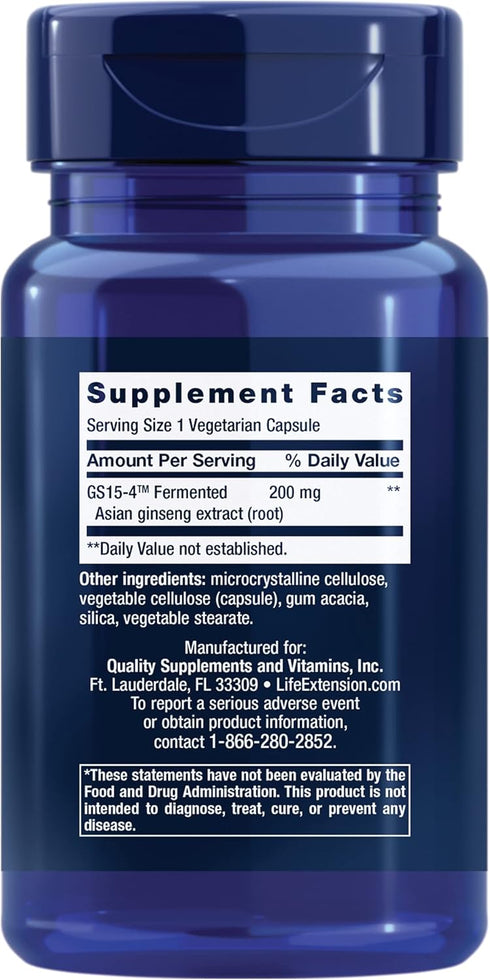 Life Extension Ginseng Energy Boost, fermented ginseng extract, promotes energy, supports healthy stress response, gluten-free, non-GMO, vegetarian, 30 capsules