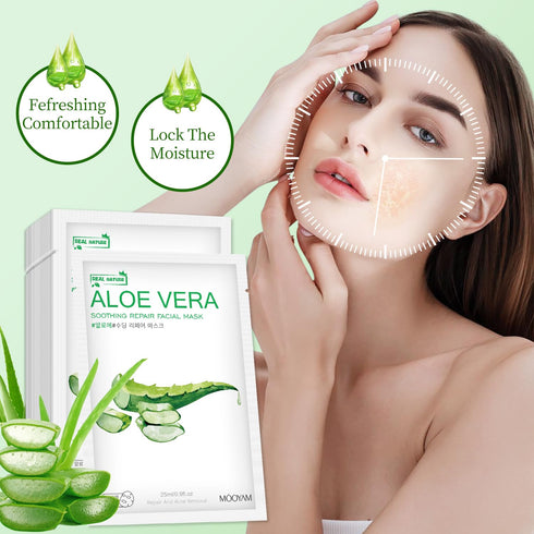 Aloe Vera Face Mask, Hydrating Skincare for Dry, Oily, Sensitive Skin, 10-Pack Moisturizing Facial Masks