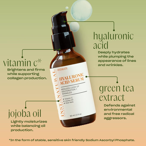 InstaNatural Hyaluronic Acid Serum 2 Fl Oz for Face, Hydrates, Brightens, Reduces Fine Lines with Vitamin C