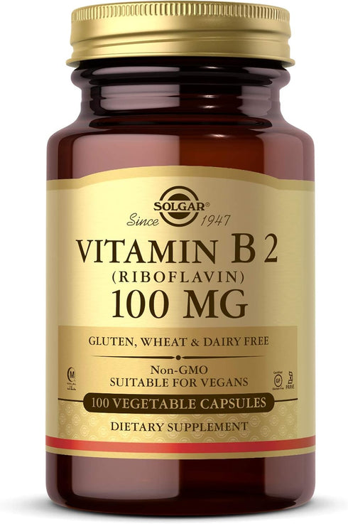 Solgar Vitamin B2 (Riboflavin) 100mg, 100 Vegetable Capsules - Non-GMO, Vegan, Gluten Free, Dairy Free, Kosher, Halal -