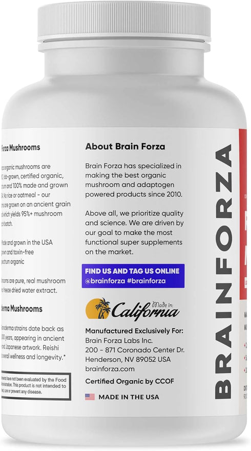 Brain Forza Organic Red Reishi Mushroom Capsules, 90 Capsules for Immune Support & Wellness