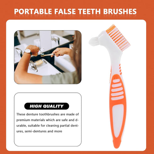 Healifty 4 Pcs Hard Denture Brush - Double Sided Toothbrush for Fake Teeth Cleaning (Orange)