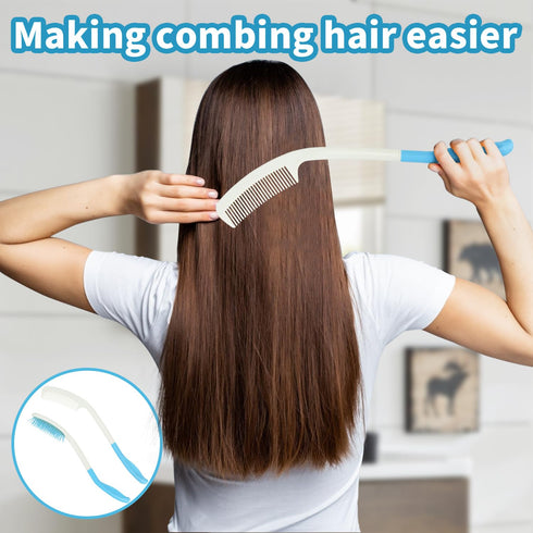 Long Reach Handled Comb and Hair Brush Set for Elderly, Hand-Disabled (Blue) - No Need to Lift Hand