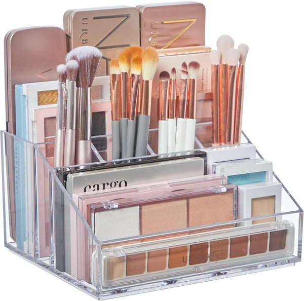 STORi Chloe Clear Plastic Stackable Vanity Makeup Organizer, 6-Compartment Holder for Cosmetics and Beauty Supplies
