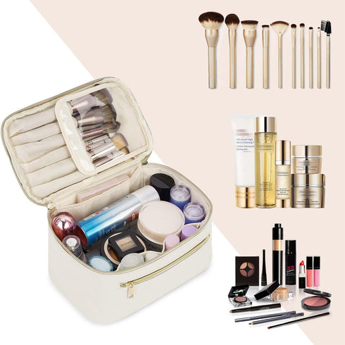 Wandering Nature Makeup Bag, Travel Makeup Organizer in Eco Vegan Leather, Milky White (Patent Pending)