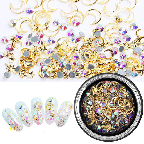 SILPECWEE 3D Nail Rhinestones and Studs Set, 6 Boxes, Gold Nail Rivets, Clear Nail Jewelry Decorations