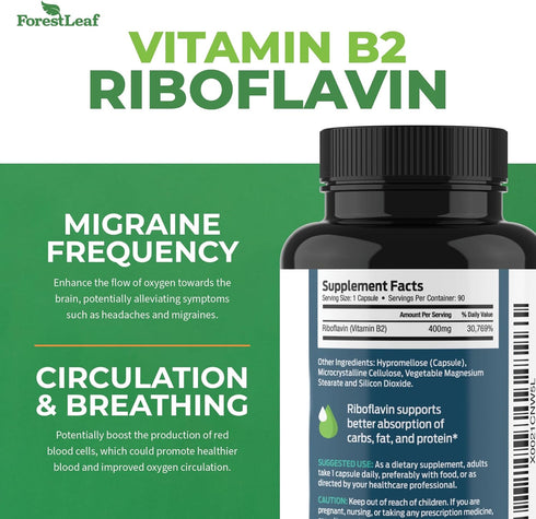 ForestLeaf Vitamin B2 Riboflavin 400mg - 90 Count - Energy, Skin & Cellular Health Support