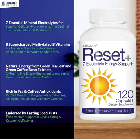 Reset+ 7 Energy Electrolytes - Methylated B12, Pink Salt, Magnesium, Potassium, Green Tea & Green Coffee Extracts,