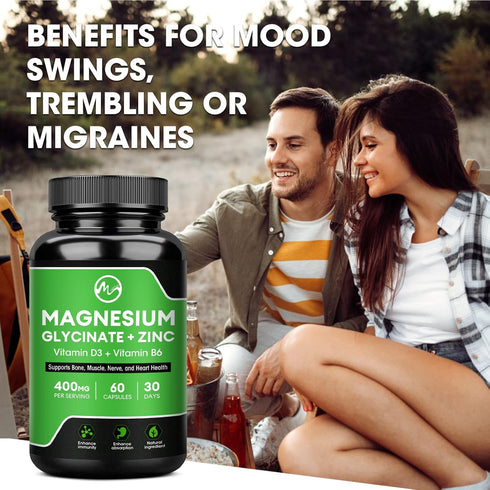 (2 Pack) Magnesium Glycinate Capsules - 400mg with Zinc, Vitamin D3 & B6, 120 Vegan Capsules for Support