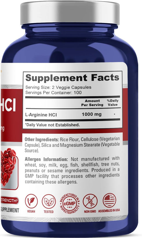 NusaPure L-Arginine - 1000 mg, 200 Veggie Capsules (Non-GMO, Vegetarian, Vegan)