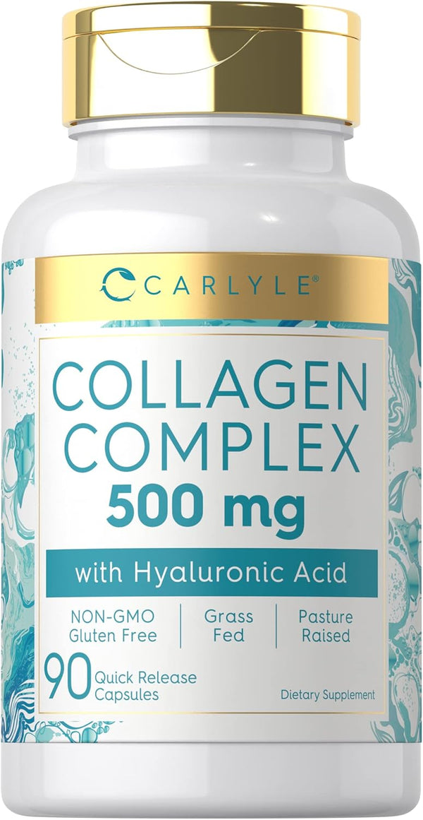 Carlyle Collagen Pills with Hyaluronic Acid, 500mg, 90 Capsules, Non-GMO, Gluten Free Hydrolyzed Supplement