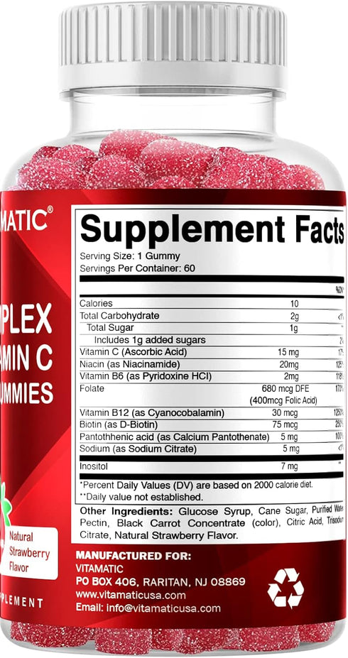 Vitamatic Vitamin B Complex Gummies, 60 Strawberry Flavor Gummies with Vitamin C & Inositol