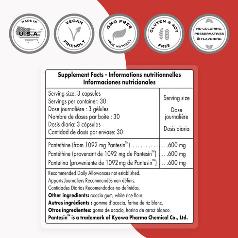 Supersmart - Pantesin Pantethine 600 mg per Day (Pantothenic Acid) - Active Vitamin B5 Supplement, Non-GMO & Gluten