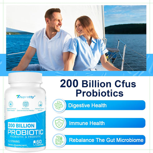 200 Billion CFU Probiotics - 12 Strains for Women & Men, Daily Supplement with 3 Prebiotics, 60 Capsules