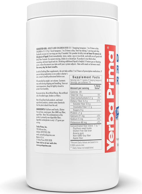 Yerba Prima Daily Fiber Formula, 20 oz Powder, Unflavored Dietary Bulking Supplement