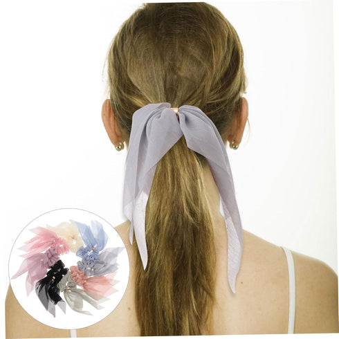 VALICLUD 8PCS Double Layer Bowknot Chiffon Hair Scarf Scrunchies - Elastic Ribbon Hair Ties for Women and Girls