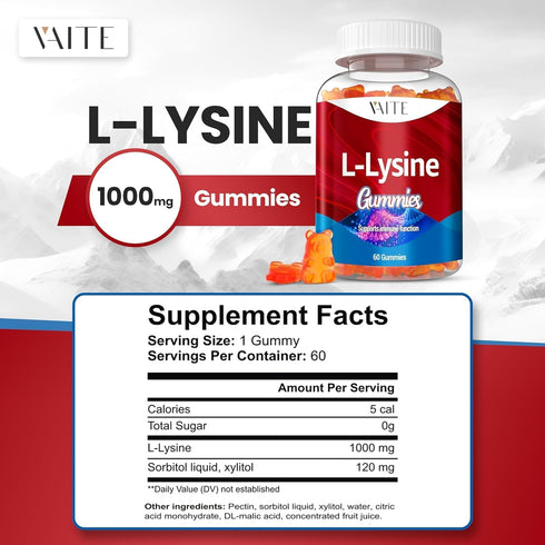 L-Lysine 1000mg Gummies, Vegan, Gluten Free, Chewables for Kids & Adults, Supports Skin, Lip, Tissue Health & Immune