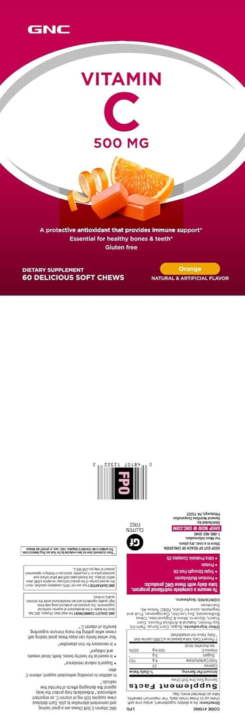 GNC Vitamin C Soft Chews 500mg, Orange, 60 Chews for Natural Resistance