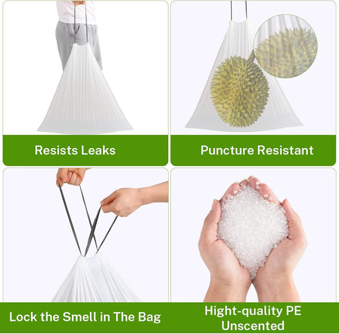 10 Gallon Drawstring Trash Bags, 1 Mil Thick White Garbage Bag, 75 Count for Office Kitchen