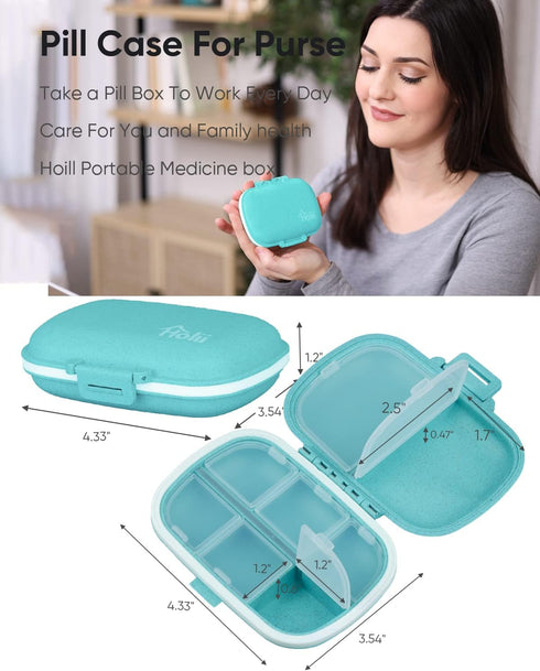 Holii Travel Pill Organizer, 8 Compartments Portable Pill Case, Daily Pill Box for Vitamins, Small Pill Container