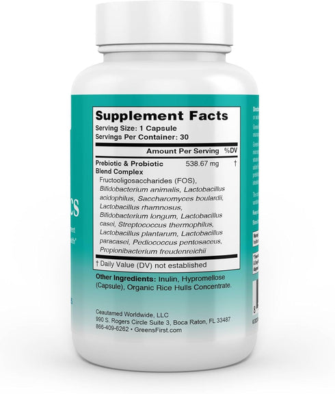 Greens First Probiotics - 20 Billion CFU with FOS Soluble Fiber, 30 Servings for Gut and Digestive Health